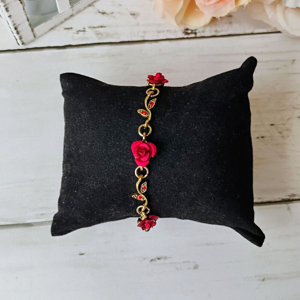 NEW Metal Red Rose Antiqued Gold Bracelet Small 6" w/ 2" Extender Chic, Retro